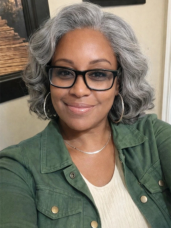 Luvwin 5x5 Salt And Pepper Gray Color Glueless Pre-Cut Lace Short Layered Loose Wave Wig 100% Human Hair