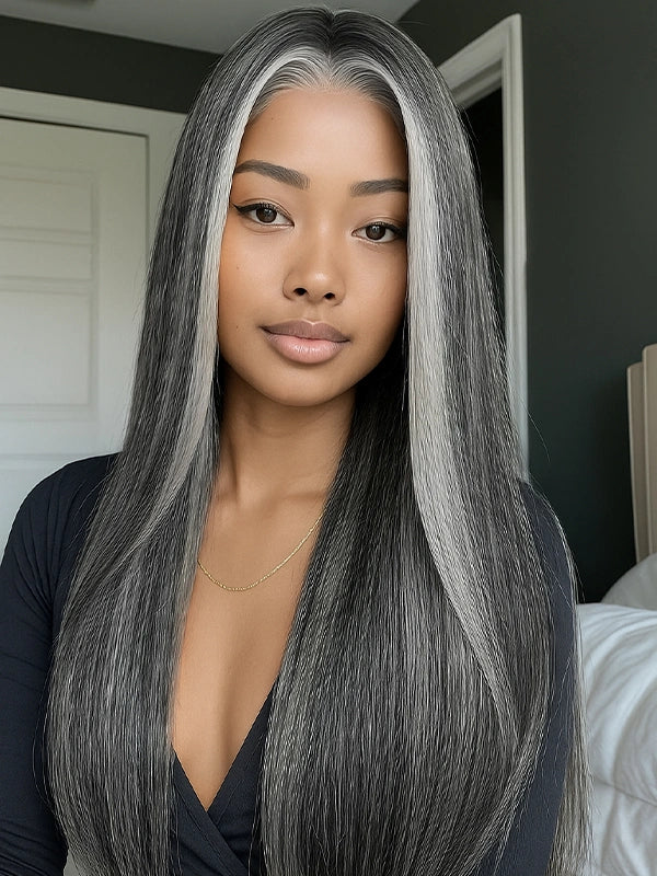 Luvwin 13x4 Silky Salt & Pepper Long Straight Silver Wig 100% Human Hair