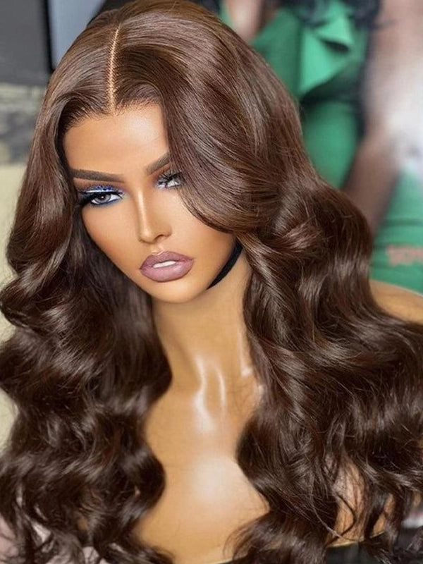 Luvwin #4 Chocolate Brown Body Wave 13x4 Pre-cut Lace Frontal Wig Human Hair Wig