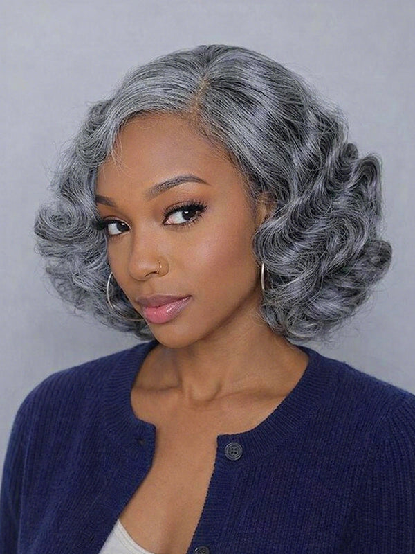 Luvwin 5x5 Salt And Pepper Steel Grey Retro Waves Bob Wig For Black Women 100% Human Hair