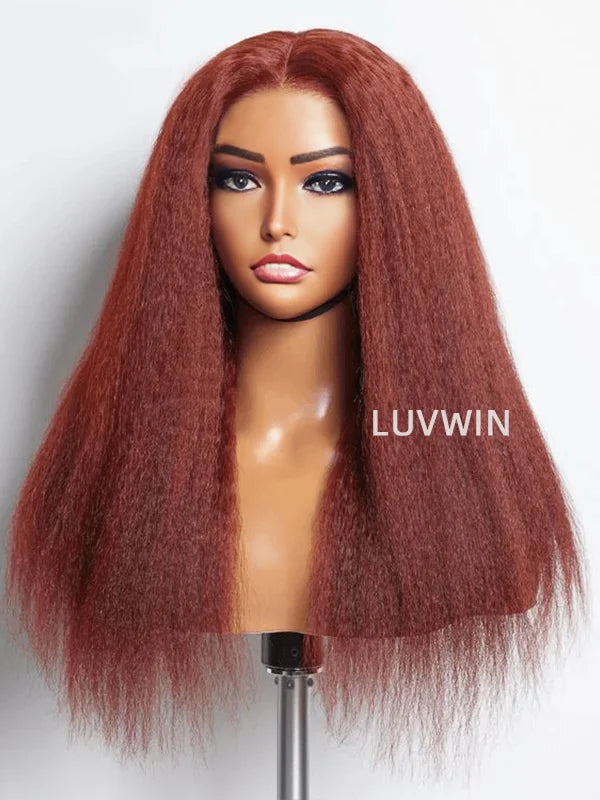Luvwin Reddish Brown Kinky Straight 13x4 Pre-Cut Lace Human Hair Glueless Wigs