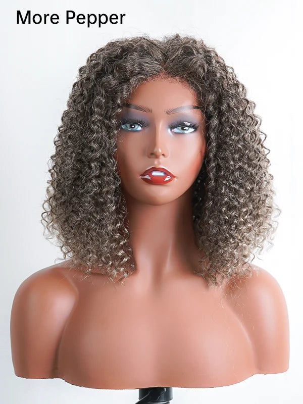 Luvwin 5x5 Deep Curly Salt And Pepper Glueless Gray Color Pre-Cut Lace Bob Wig