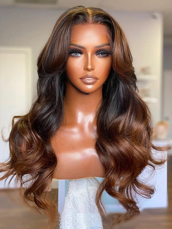 Luvwin Long Layered Curtain Bangs with Rich Honey Brown Ombre Lace Front Wigs For Black Women