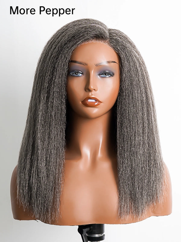 Luvwin 5x5 Closure Kinky Straight Salt & Pepper Middle Parting Glueless Wig