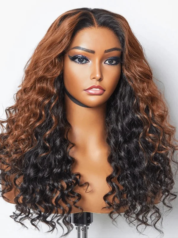 Luvwin 13x4 HD Frontal Peekaboo Ombre Brown Highlight Color Water Wave Pre-Cut Lace Wig