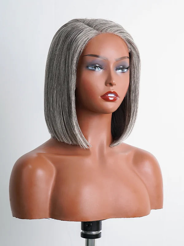 Luvwin 5x5 Salt And Pepper Glueless Gray Color Pre-Cut Lace Straight Bob Wig For Black Women