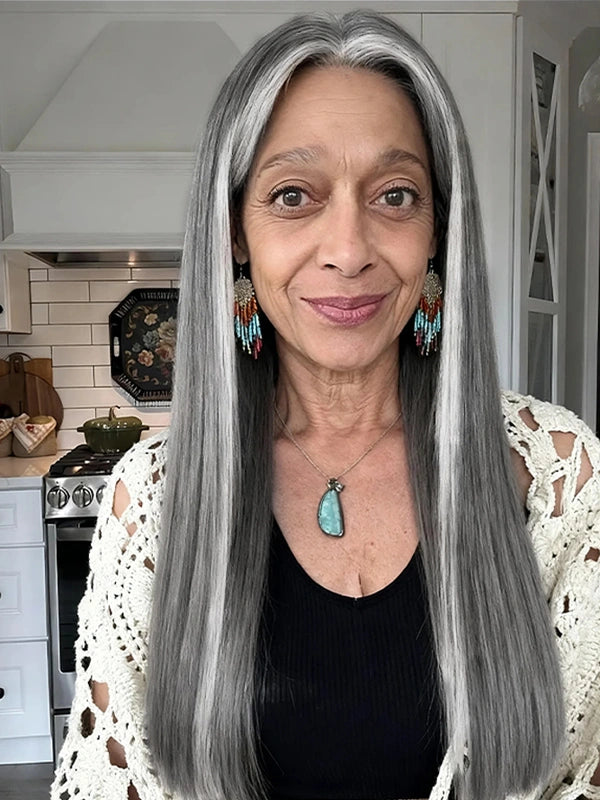 Luvwin 13x4 Silky Salt & Pepper Long Straight Silver Wig 100% Human Hair