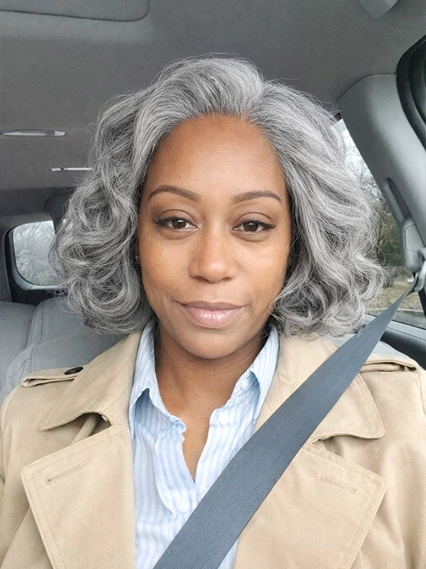 Luvwin 5x5 Salt And Pepper Gray Color Glueless Pre-Cut Lace Short Layered Loose Wave Wig 100% Human Hair
