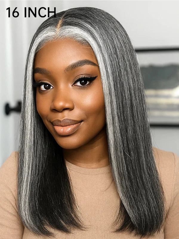 Luvwin 4C Edges Salt & Pepper More Salt Highlight Front Glueless Yaki Straight Wig