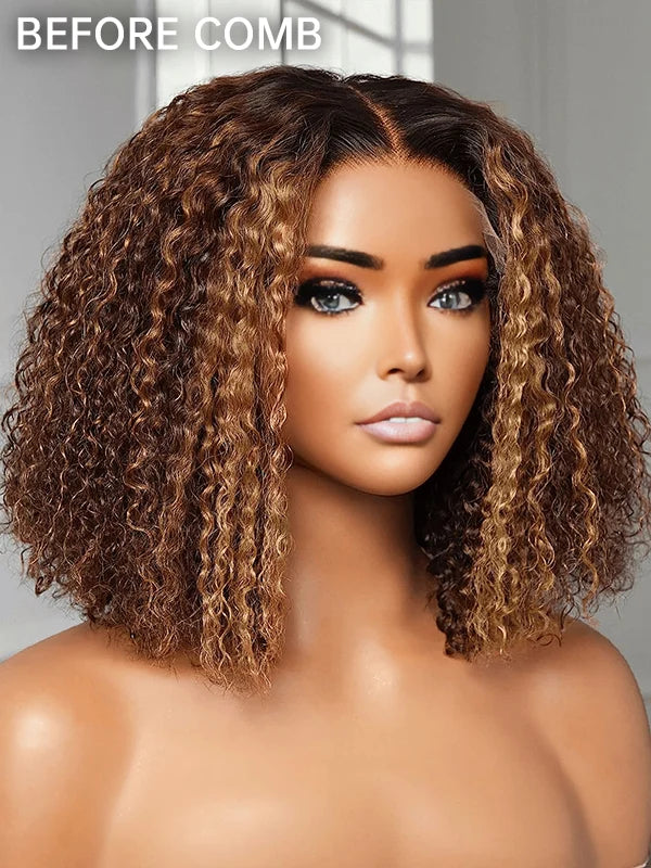 Luvwin 13x4 Honey Blonde Highlight Color Water Wave Human Hair Bob Wig Pre-Cut HD Lace