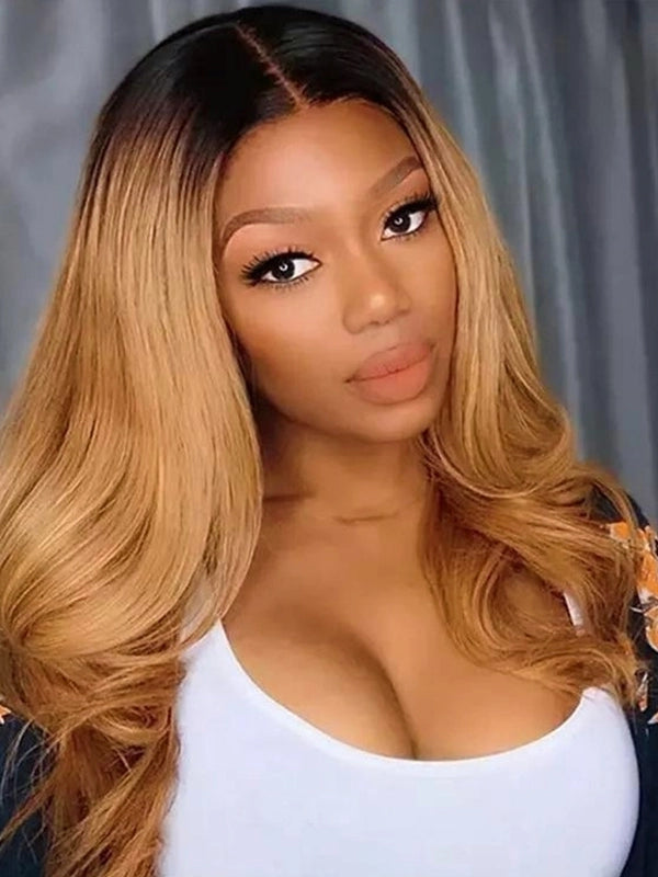 Luvwin 13x4 Frontal Pre-cut Lace Ombre Blonde Color Wig With Black Hair Root Body Wave Hair