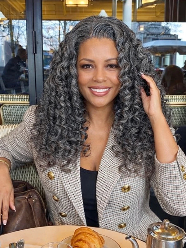 Luvwin Salt & Pepper Loose Wave Curly Wig Glueless Gray Color 100% Human Hair