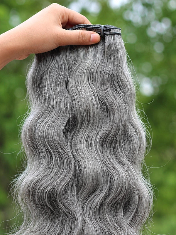 Luvwin Salt and Pepper Indian Wavy Natural Gray Human Hair Bundle Hair Extensions