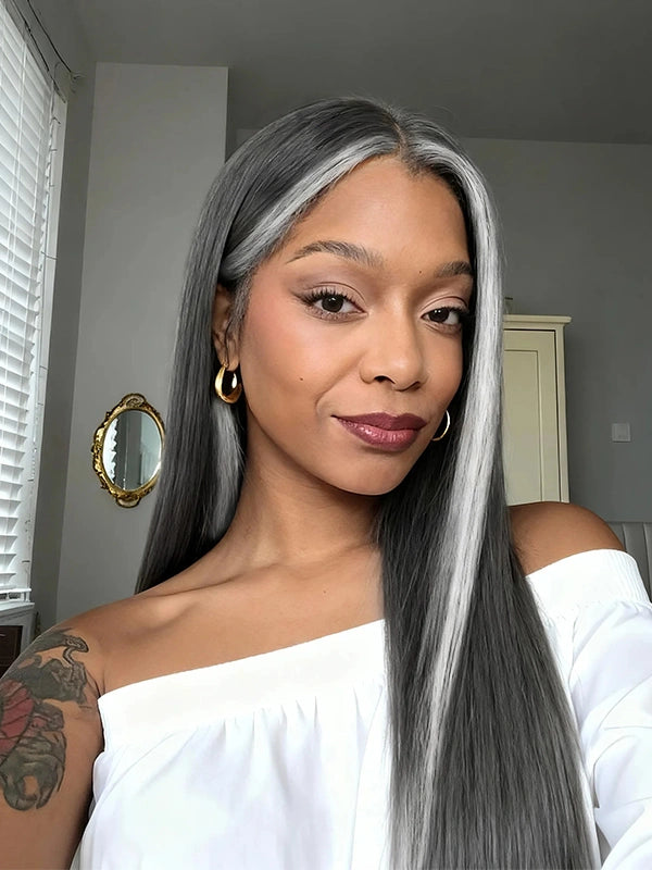Luvwin 13x4 Silky Salt & Pepper Long Straight Silver Wig 100% Human Hair