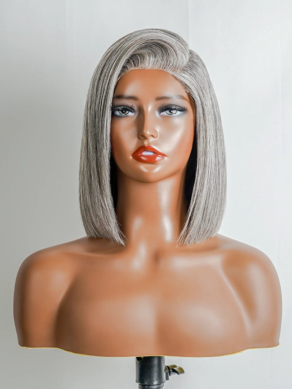 Luvwin 5x5 Salt And Pepper Glueless Gray Color Pre-Cut Lace Straight Bob Wig For Black Women