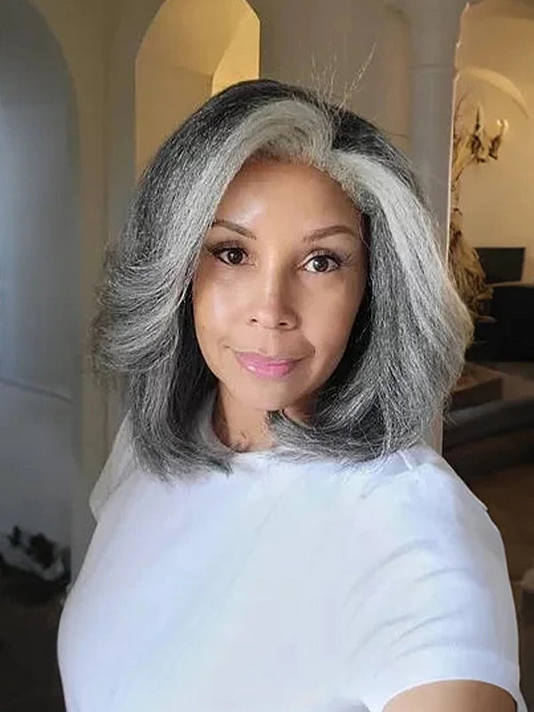 Luvwin 4C Edges Salt & Pepper More Salt Highlight Front Glueless Yaki Straight Wig