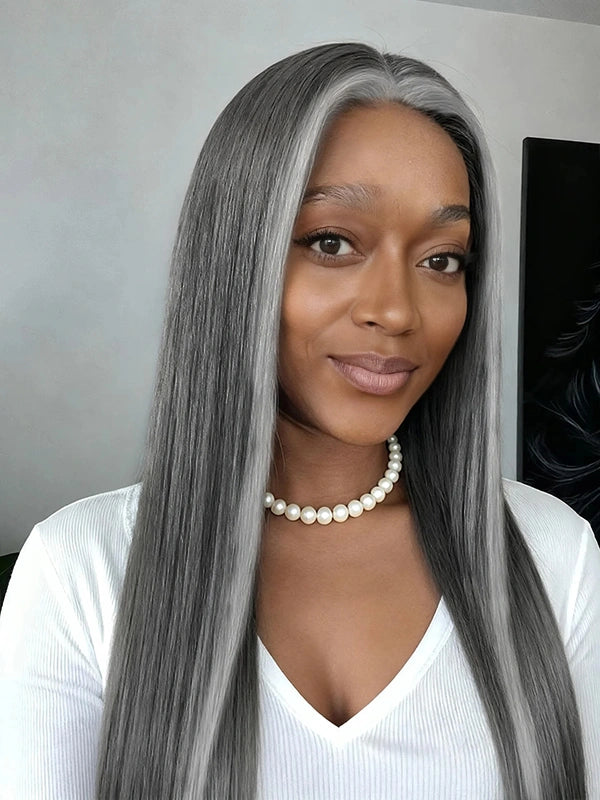 Luvwin 13x4 Silky Salt & Pepper Long Straight Silver Wig 100% Human Hair