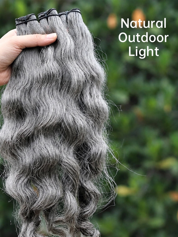Luvwin Salt and Pepper Indian Wavy Natural Gray Human Hair Bundle Hair Extensions