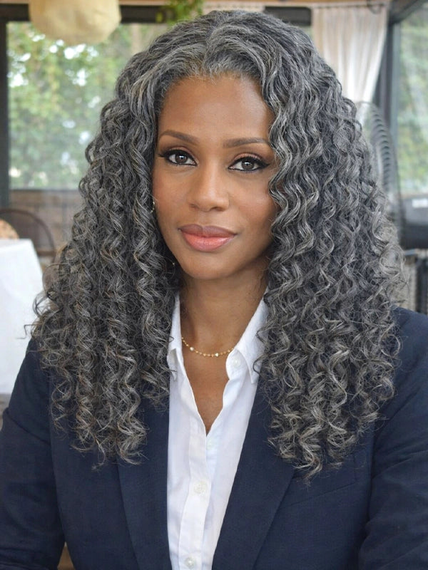 Luvwin Salt & Pepper Loose Wave Curly Wig Glueless Gray Color 100% Human Hair