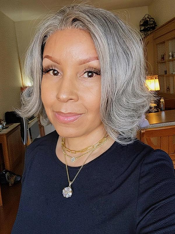 Luvwin 5x5 Salt And Pepper Glueless Gray Color Pre-Cut Lace Layered Cut Straight Bob Wig 100% Human Hair