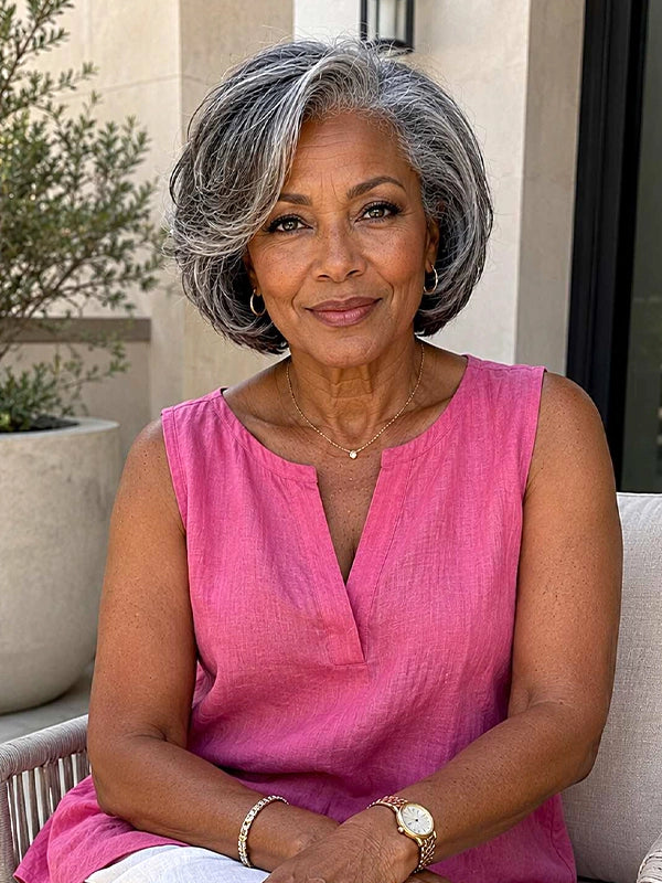 Luvwin 5x5 Lace Salt And Pepper Layered Swoop Bob Glueless Gray Wig