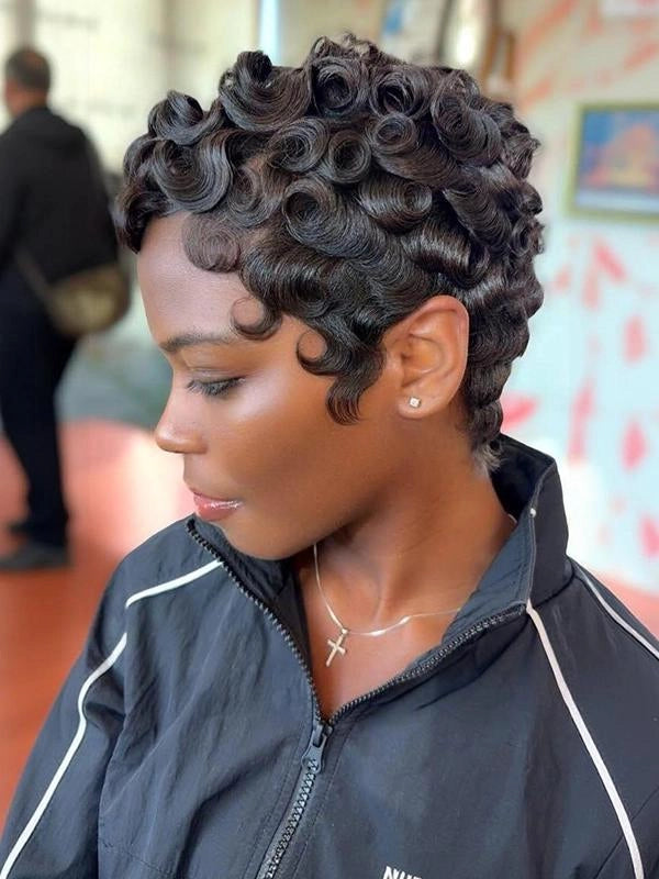 Luvwin Full Lace Finger Wave Short Pixie Cut Wig 100% Human Hair