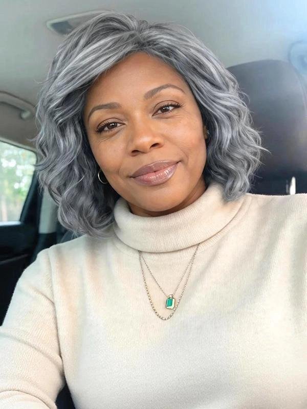 Luvwin 5x5 Lace Salt & Pepper Side-Part Layered Bob with Natural Waves 100% Human Hair Wig For Mature Women