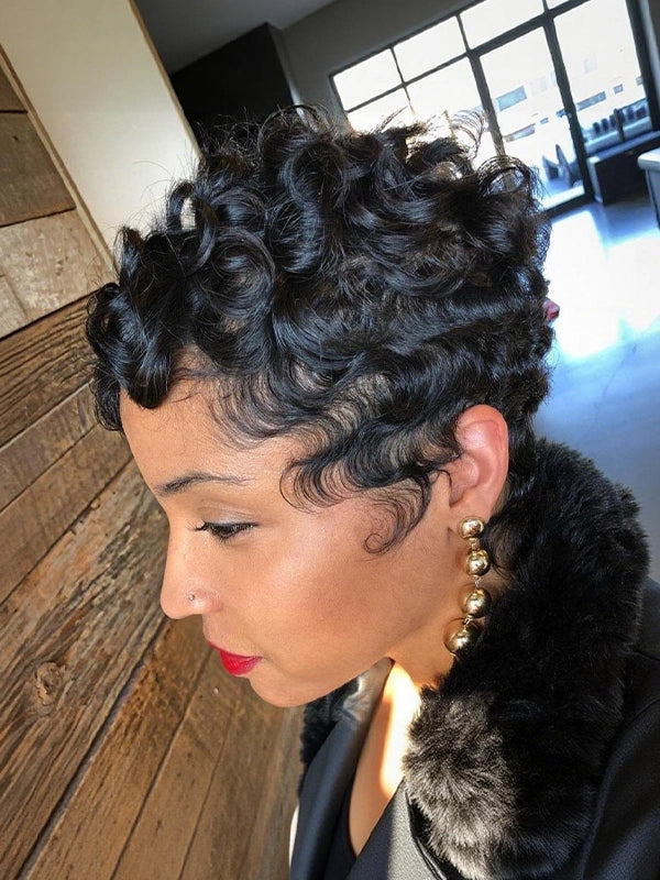 Luvwin Full Lace Wave Curls Short Pixie Cut Wig 100% Human Hair
