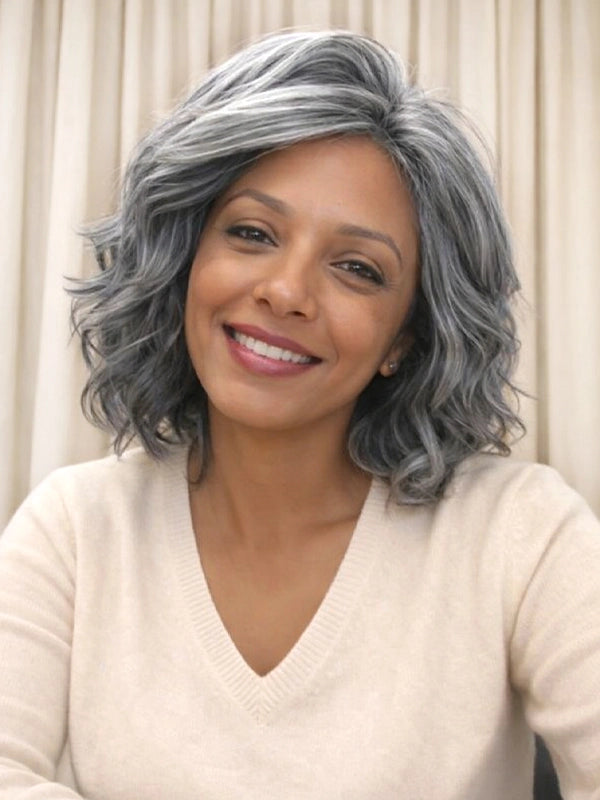 Luvwin 5x5 Lace Salt & Pepper Side-Part Layered Bob with Natural Waves 100% Human Hair Wig For Mature Women