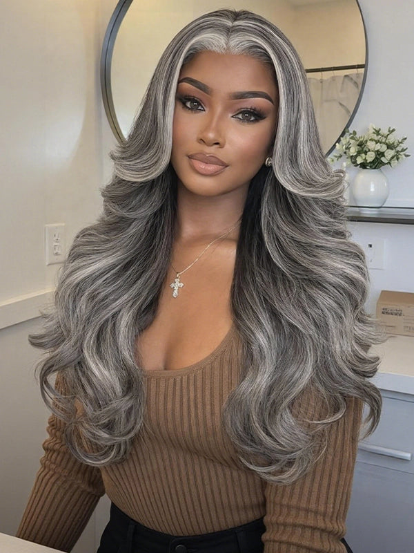 Luvwin 13x4 Salt And Pepper White Money Piece Loose Wave Layered Cut Wig
