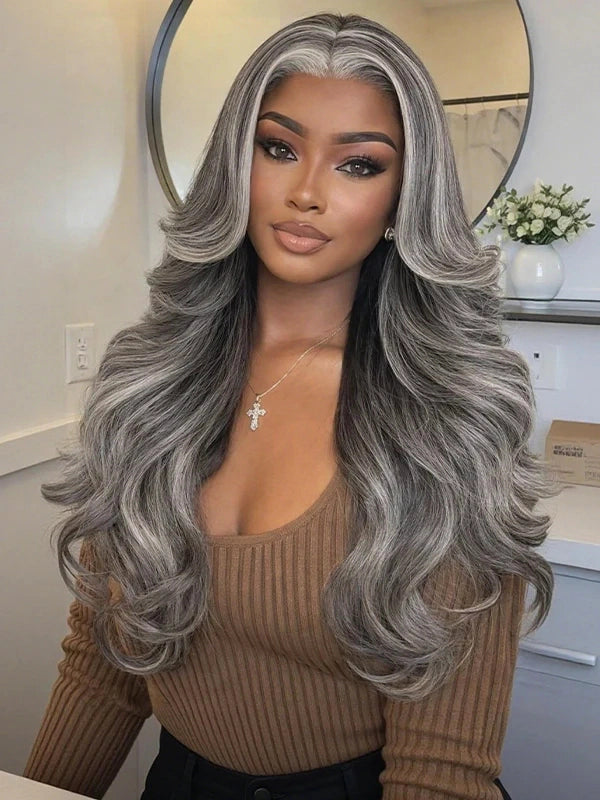 Luvwin 13x4 Salt And Pepper White Money Piece Loose Wave Layered Cut Wig