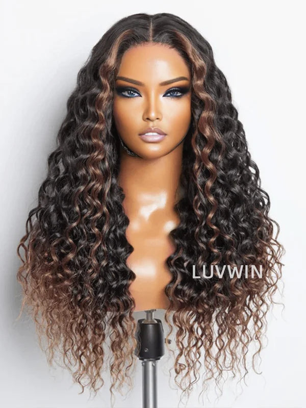 Luvwin Brown Ombre Water Wave13x4 Glueless Pre-Cut HD Lace Frontal Wig For Black Women