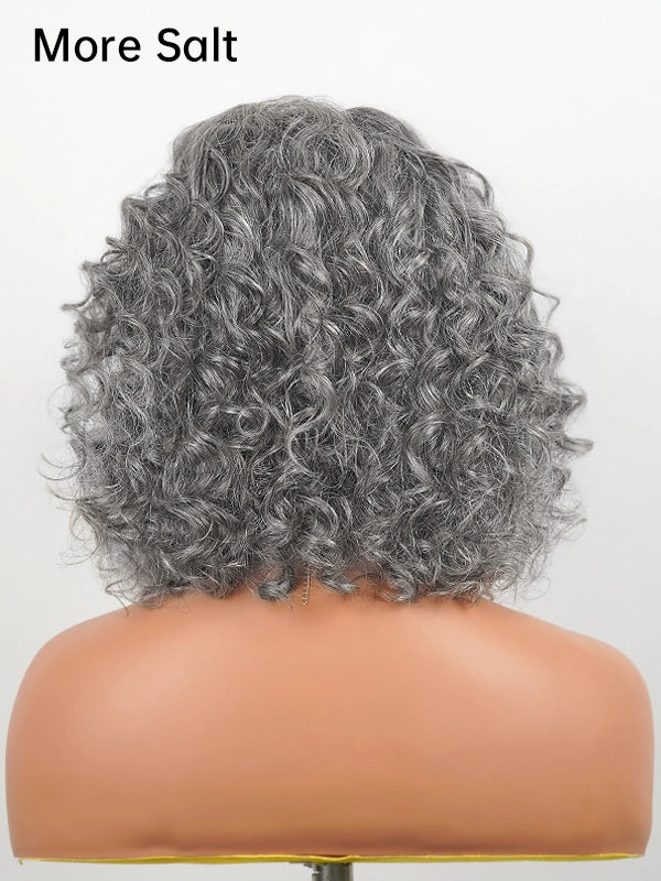 Back view of a medium-length salt and pepper gray wig with loose water wave curls, more salt tone, made of 100% human hair, perfect for natural, elegant everyday styling