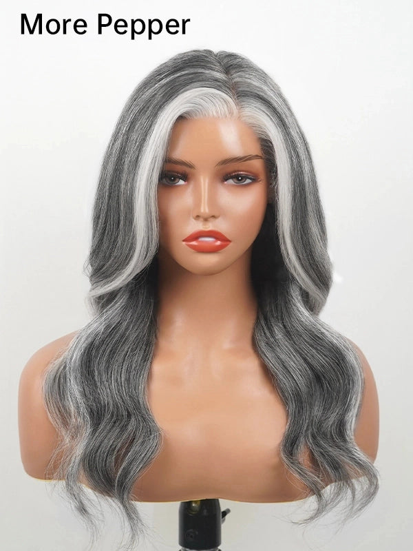 Front view of a long silver grey wavy wig with more pepper tone and signature white front streaks, made of 100% human hair, perfect for natural and elegant everyday styling