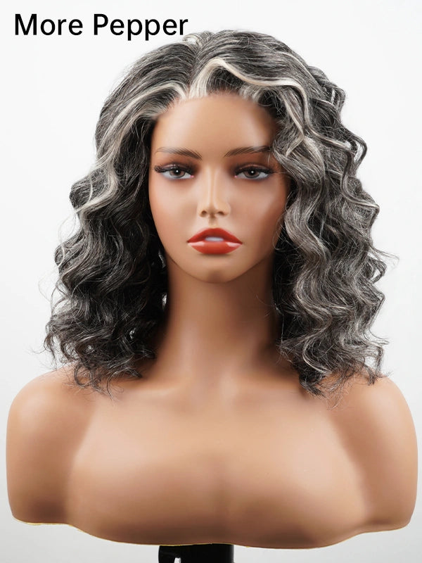 More Pepper version of Salt and Pepper Gentle Loose Curly Grey Bob Wig, soft natural grey curls with darker tones for a realistic salt and pepper look, perfect short curly wig for elegant mature women.