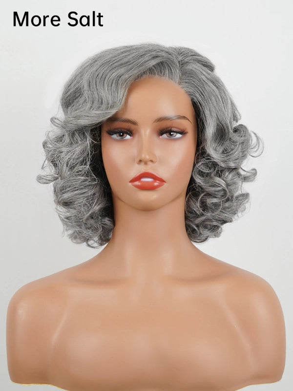 Front view of the Salt And Pepper Steel Grey Retro Waves Bob Wig, showcasing soft, voluminous curls in a stylish bob cut. The natural gray and silver tones give this retro-inspired wig a chic and timeless appeal, perfect for elegant occasions or daily wear.