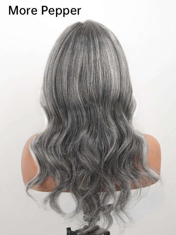 Luvwin Silver Grey Salt & Pepper Wavy Wig With Signature White Front Streaks