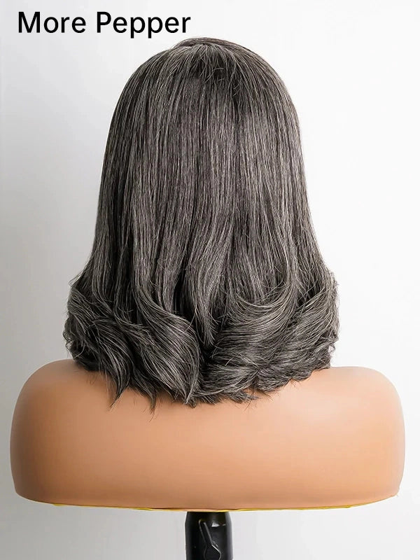 Luvwin Dark Gray Color Salt & Pepper Custom Wavy Hair 5x5 Pre-cut Lace Bob Wig For Seniors