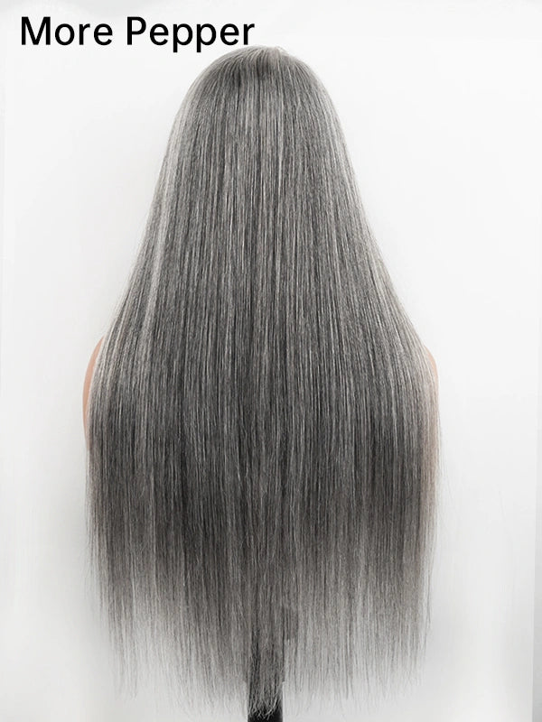 Luvwin 13x4 Silky Salt & Pepper Long Straight Silver Wig 100% Human Hair