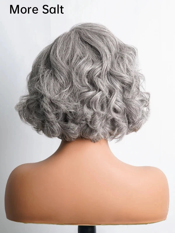Luvwin 5x5 Salt And Pepper Gray Color Glueless Pre-Cut Lace Short Layered Loose Wave Wig 100% Human Hair