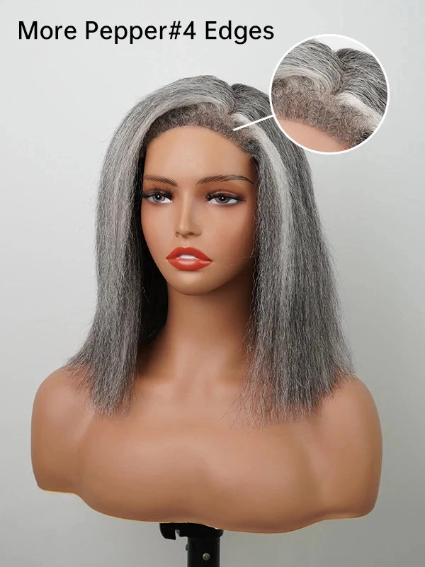 Luvwin 4C Edges Salt & Pepper More Salt Highlight Front Glueless Yaki Straight Wig