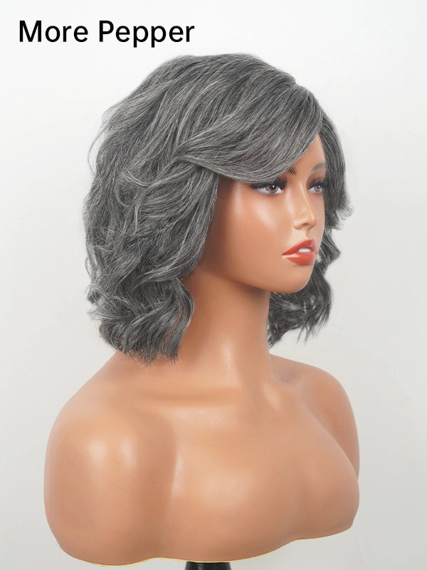 Luvwin 5x5 Lace Salt & Pepper Side-Part Layered Bob with Natural Waves 100% Human Hair Wig For Mature Women