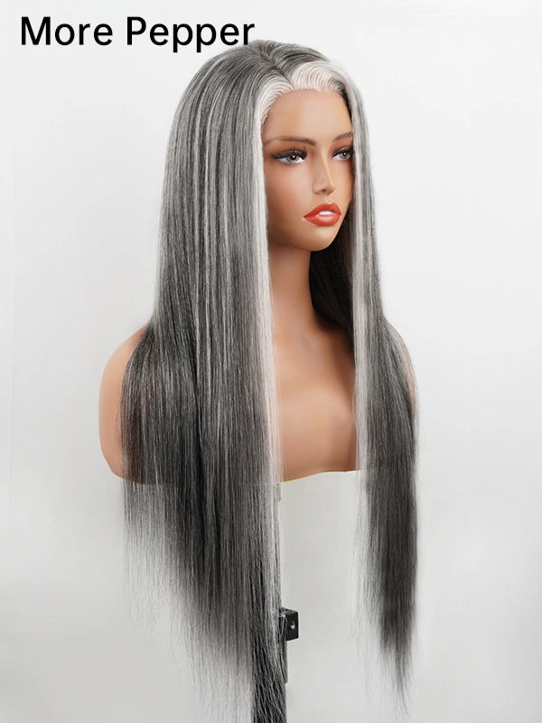 Luvwin 13x4 Silky Salt & Pepper Long Straight Silver Wig 100% Human Hair