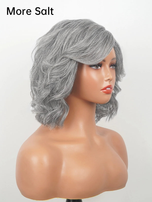 Luvwin 5x5 Lace Salt & Pepper Side-Part Layered Bob with Natural Waves 100% Human Hair Wig For Mature Women