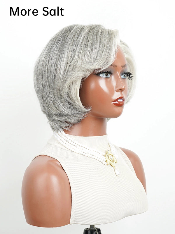 Luvwin 5x5 Lace Salt And Pepper Layered Swoop Bob Glueless Gray Wig