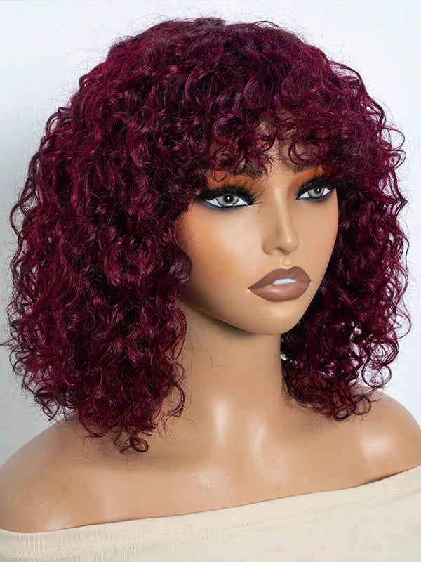 Luvwin Dark Red Water Wave Glueless Short Bang Lace Wig