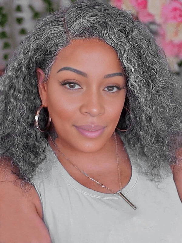 Black woman wearing Luvwin 5x5 Deep Curly Salt & Pepper Gray Glueless Bob Wig, pre-cut lace, natural curls, elegant daily wear