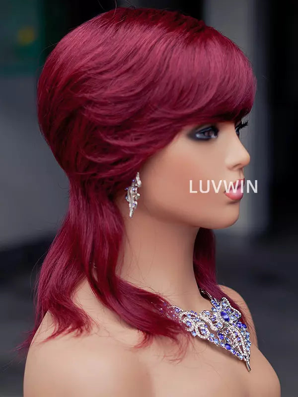 Luvwin Mullet Wig  With Bangs Glueless Brazilian Human Hair Wigs For Women 99j Short Pixie Cut Wigs