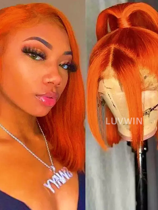 Luvwin 13x4 Ginger Orange Color Gluless Pre-Cut Swiss HD Lace Human Hair Bob Wig