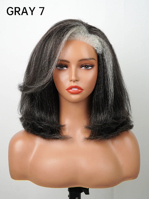 Luvwin Realistic 4C Edges Salt & Pepper More Salt Highlight Front Glueless Yaki Straight Wig
